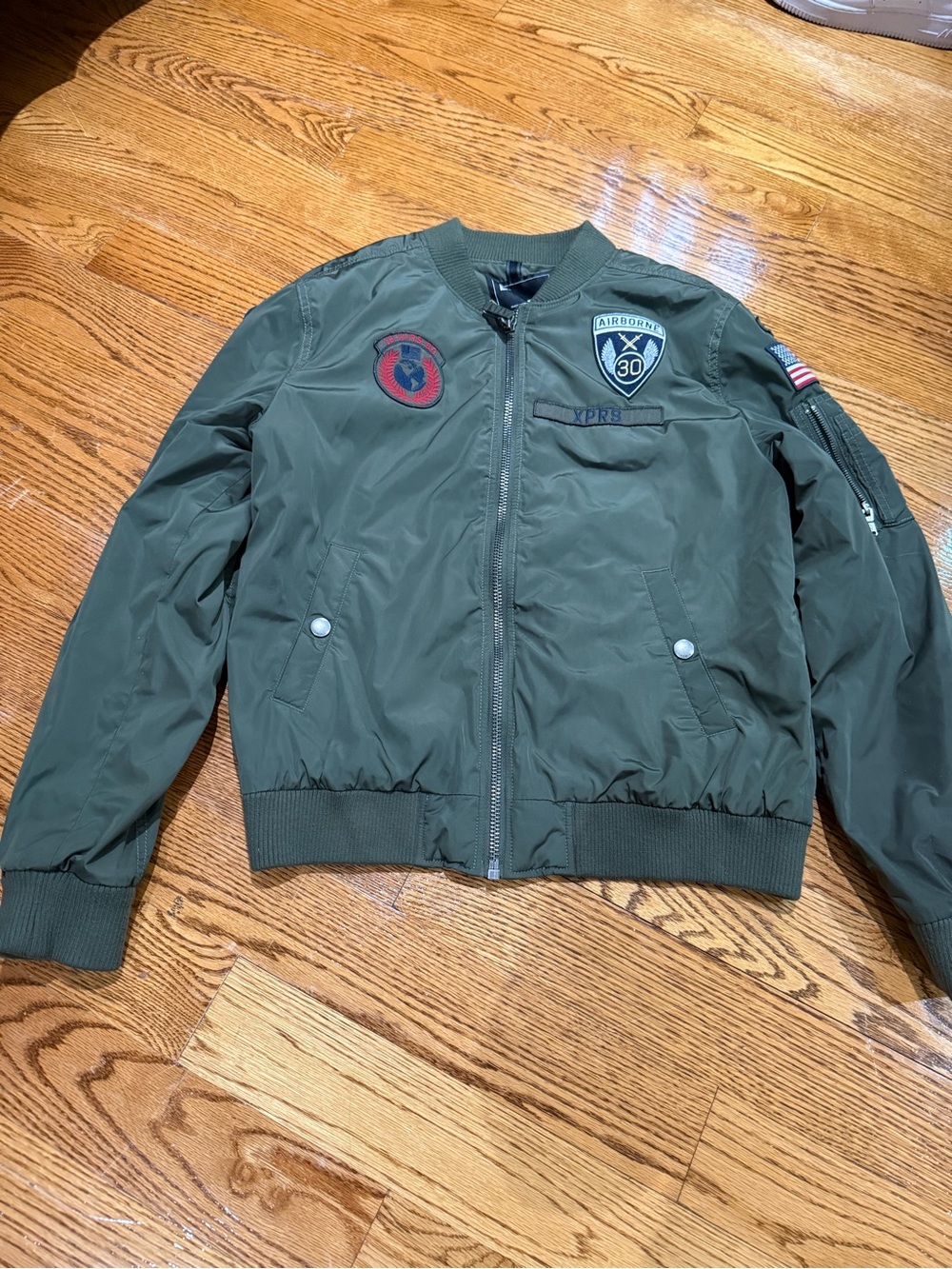Express Olive Green Bomber Jacket with Military Patch Accents